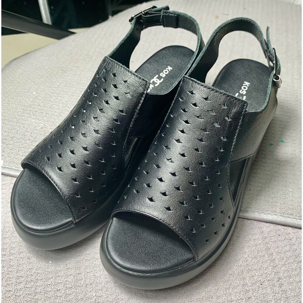 Wedge Sandals Womens Size 6.5 Black Slingback Open Toe Chunky Heels 461